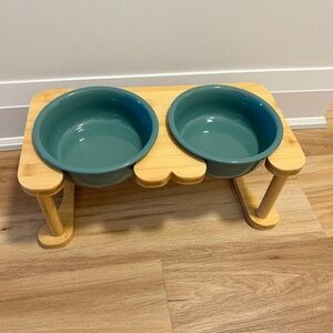 Ceramic Dog Bowls and Wooden Stand